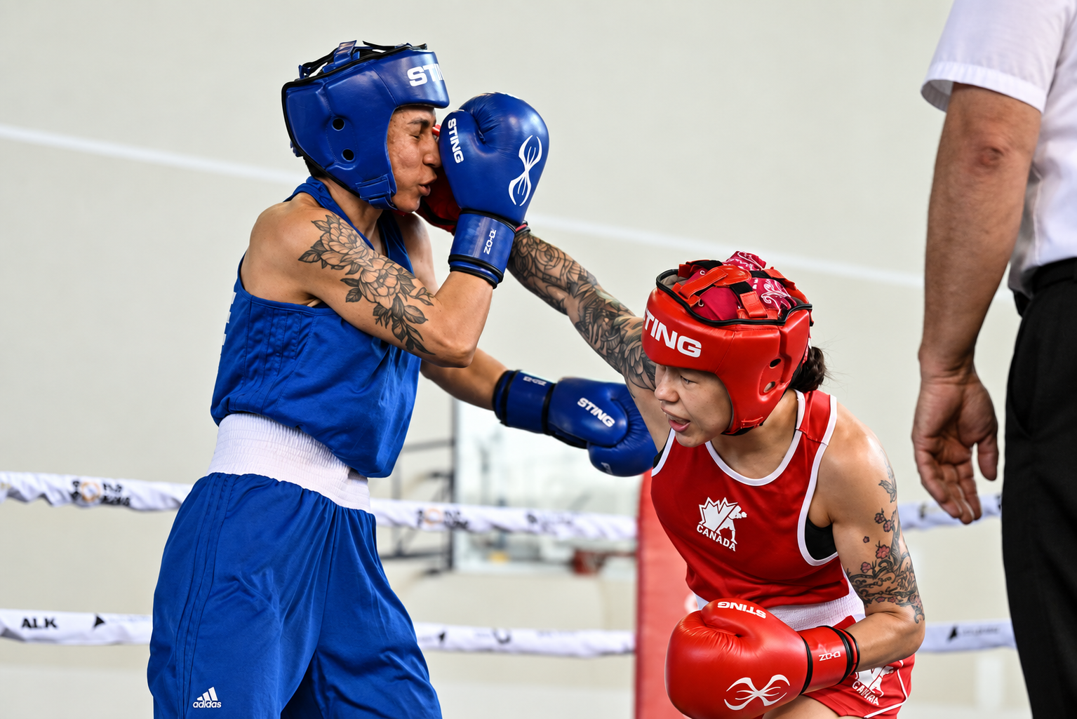 Two boxers in blue and red kit competing in the ring