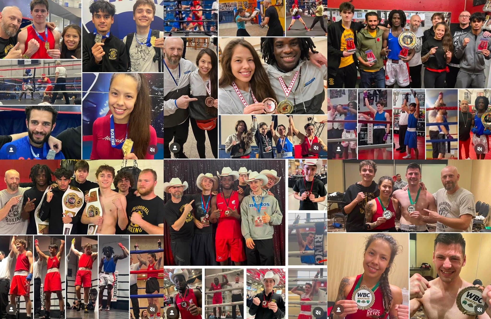 A collage of Marshall Boxing’s club members, coaches, bouts and medal celebrations